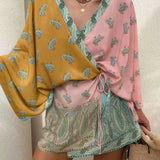 Boho Paisley Apvyniojama Blusa – V-Kaklo Kimono Rankovė Paplūdimio Apdangalas
