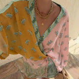 Boho Paisley Apvyniojama Blusa – V-Kaklo Kimono Rankovė Paplūdimio Apdangalas