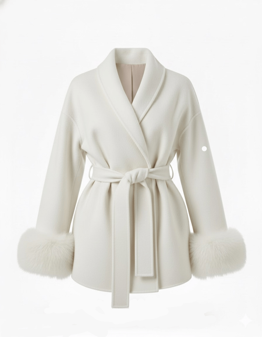 Velira Celine | Belted Coat with Faux Fur Cuffs Balta / S Celine | Diržinė Striukė su Dirbtinės Odos Rankovėmis