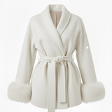 Velira Celine | Belted Coat with Faux Fur Cuffs Balta / S Celine | Diržinė Striukė su Dirbtinės Odos Rankovėmis