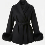 Velira Celine | Belted Coat with Faux Fur Cuffs Juoda / S Celine | Diržinė Striukė su Dirbtinės Odos Rankovėmis