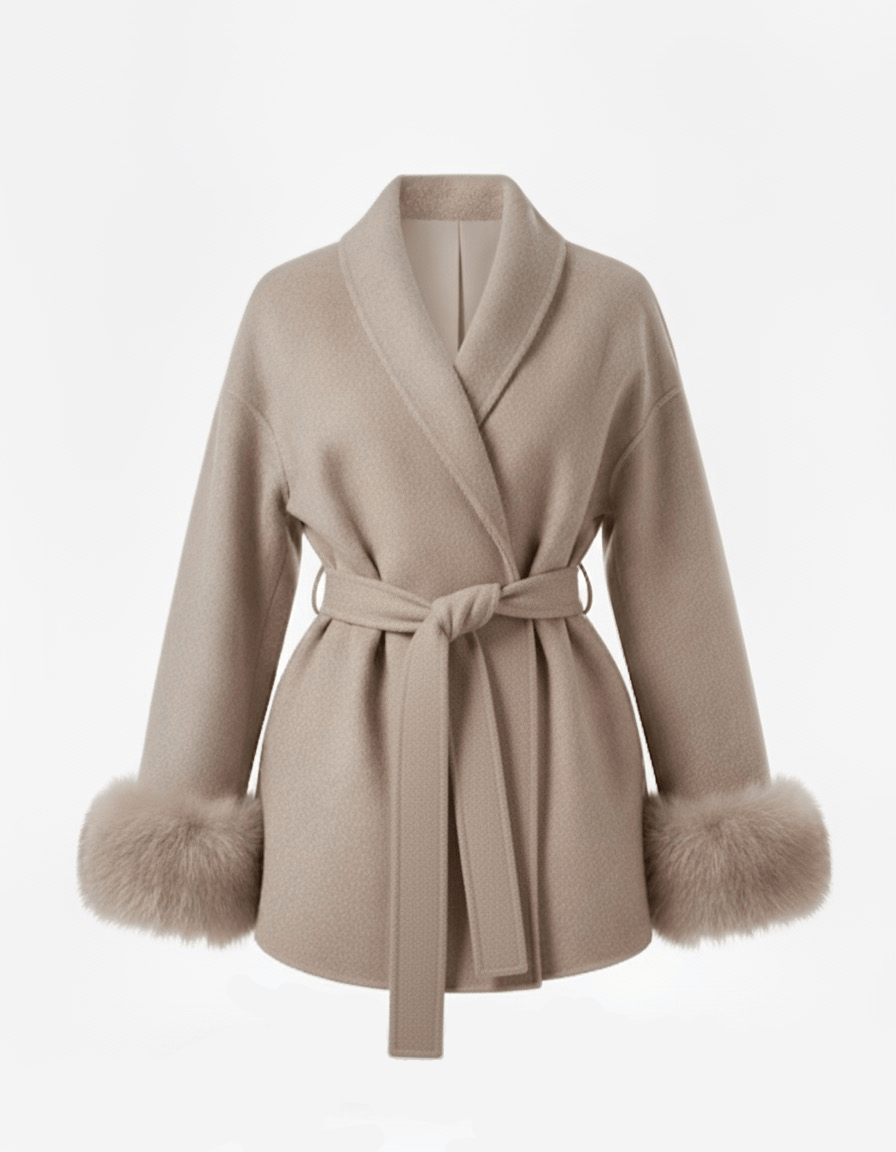Velira Celine | Belted Coat with Faux Fur Cuffs Kaki / S Celine | Diržinė Striukė su Dirbtinės Odos Rankovėmis
