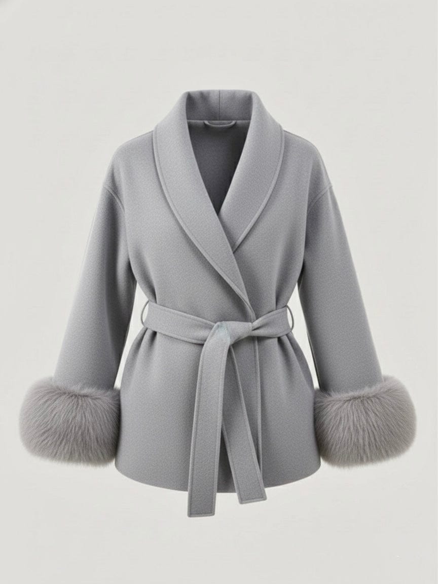Velira Celine | Belted Coat with Faux Fur Cuffs Pilka / S Celine | Diržinė Striukė su Dirbtinės Odos Rankovėmis