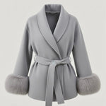 Velira Celine | Belted Coat with Faux Fur Cuffs Pilka / S Celine | Diržinė Striukė su Dirbtinės Odos Rankovėmis