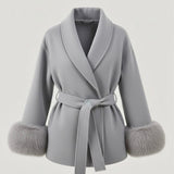 Velira Celine | Belted Coat with Faux Fur Cuffs Pilka / S Celine | Diržinė Striukė su Dirbtinės Odos Rankovėmis
