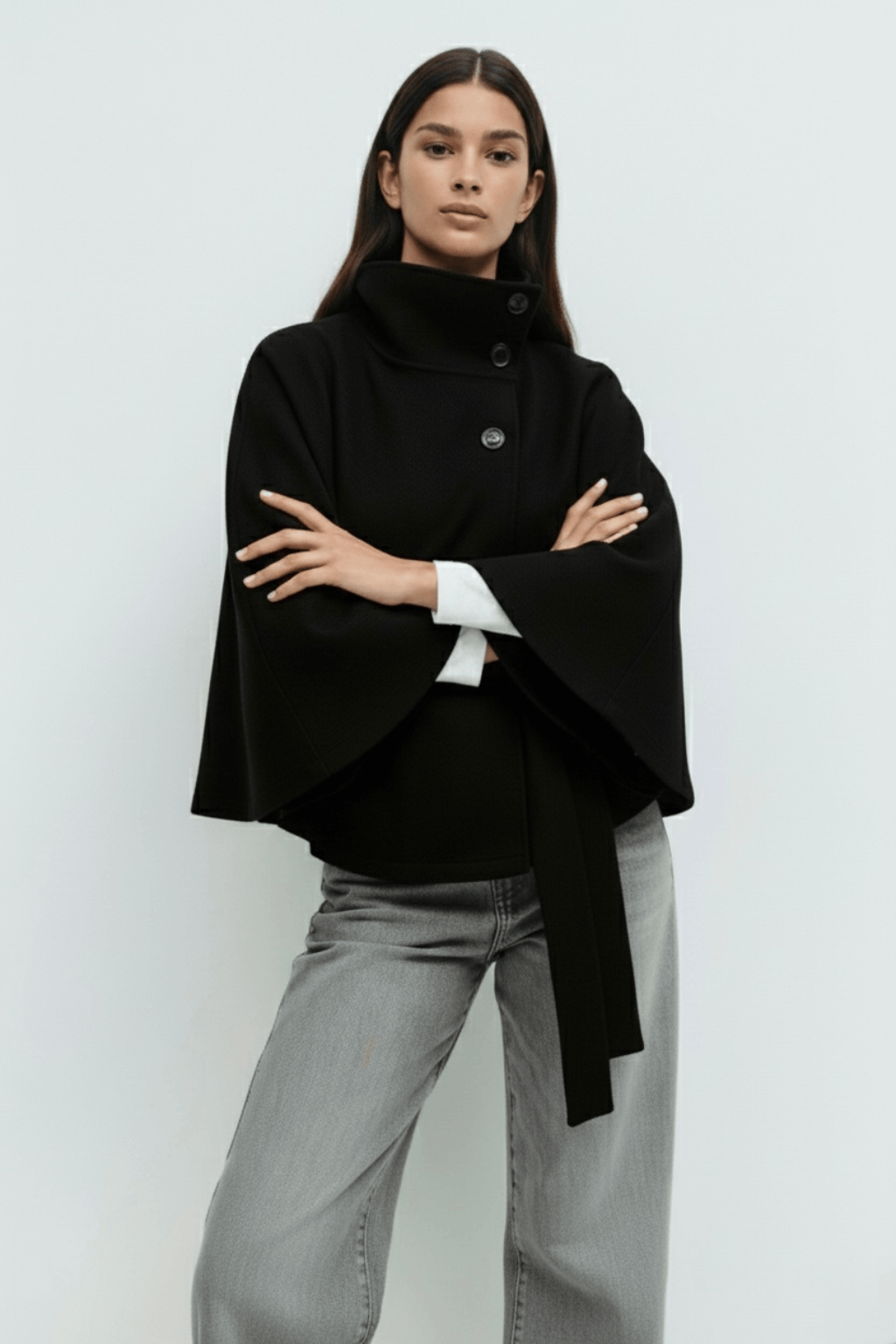 Velira Chloe | High-Neck Belted Cape Jacket Chloe | Aukštos Kaklo Diržinė Cape Striukė