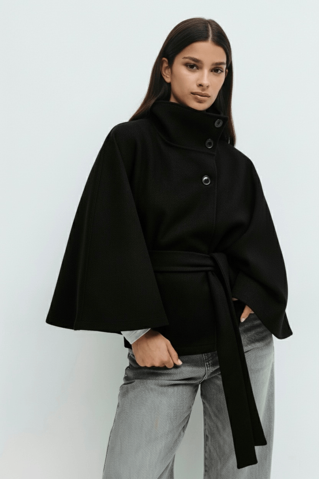 Velira Chloe | High-Neck Belted Cape Jacket Chloe | Aukštos Kaklo Diržinė Cape Striukė