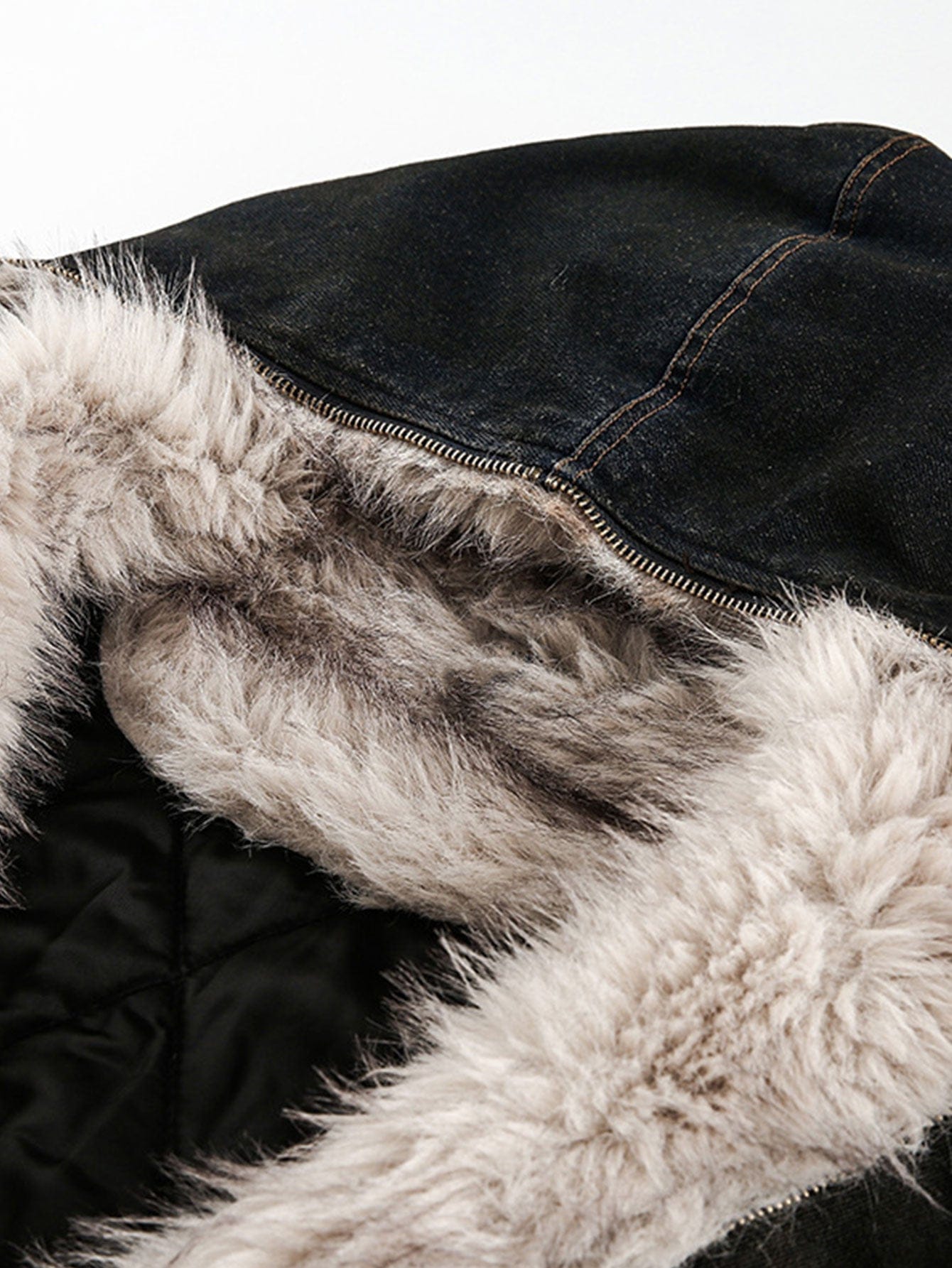 Velira Coats & Jackets Boxy dirbtinio kailio apykaklė plaunamo džinsinio audinio striukė su gobtuvu