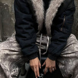 Velira Coats & Jackets Boxy dirbtinio kailio apykaklė plaunamo džinsinio audinio striukė su gobtuvu