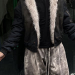 Velira Coats & Jackets Boxy dirbtinio kailio apykaklė plaunamo džinsinio audinio striukė su gobtuvu