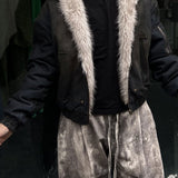 Velira Coats & Jackets Boxy dirbtinio kailio apykaklė plaunamo džinsinio audinio striukė su gobtuvu