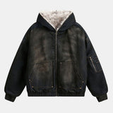 Velira Coats & Jackets Boxy dirbtinio kailio apykaklė plaunamo džinsinio audinio striukė su gobtuvu