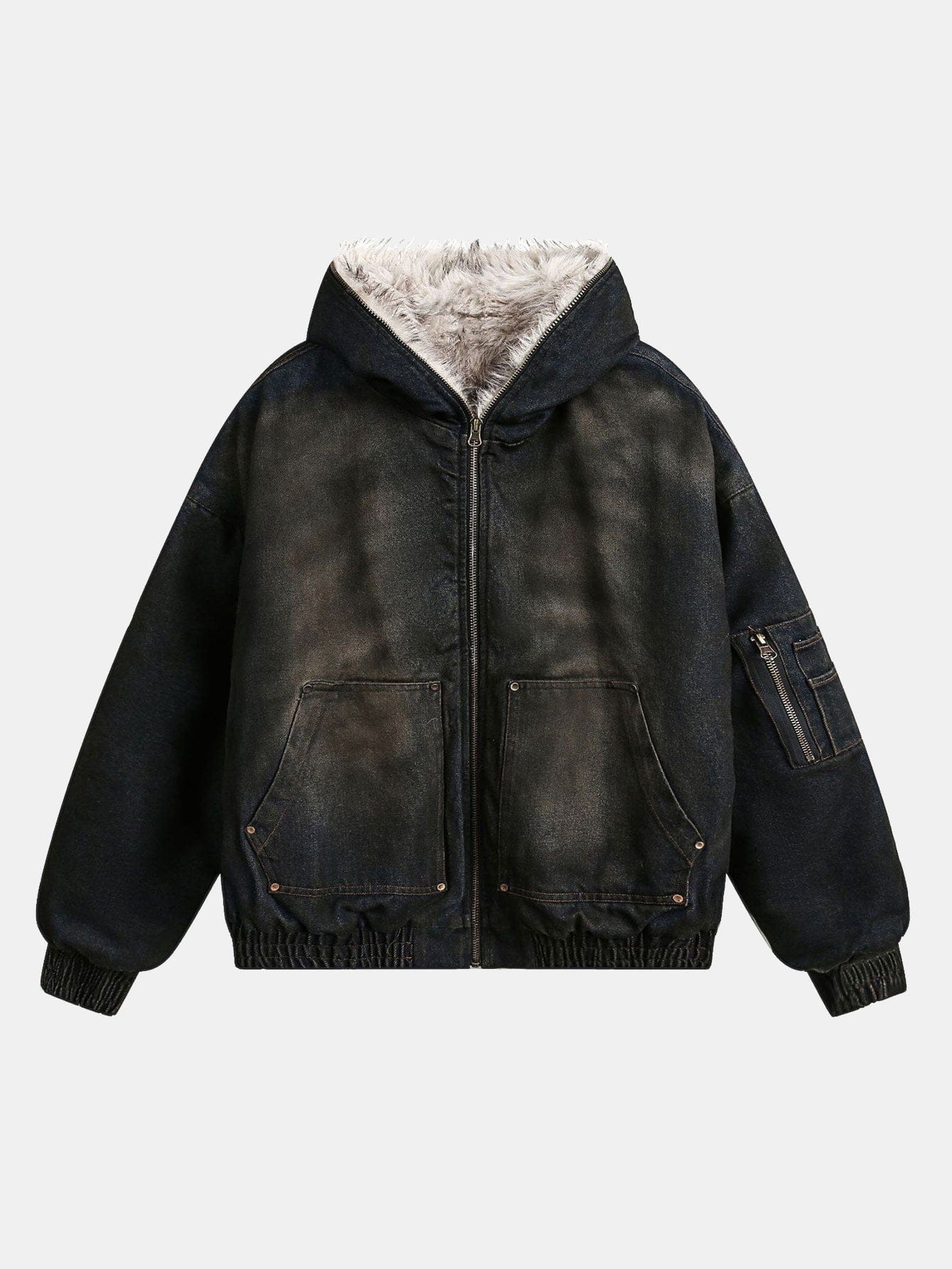 Velira Coats & Jackets Boxy dirbtinio kailio apykaklė plaunamo džinsinio audinio striukė su gobtuvu