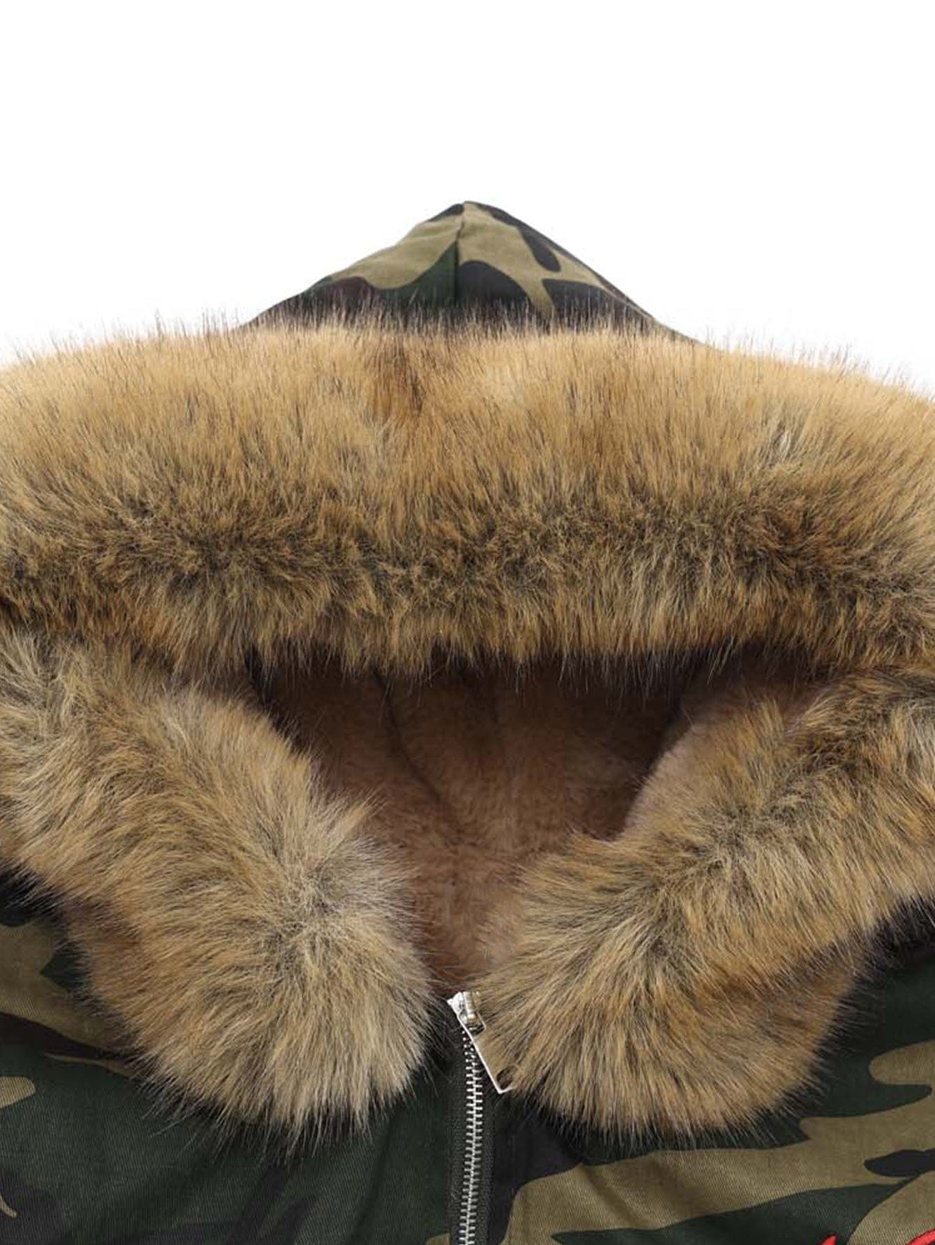 Velira Coats & Jackets Boxy kamufliažo dirbtinės odos apykaklė su gobtuvu