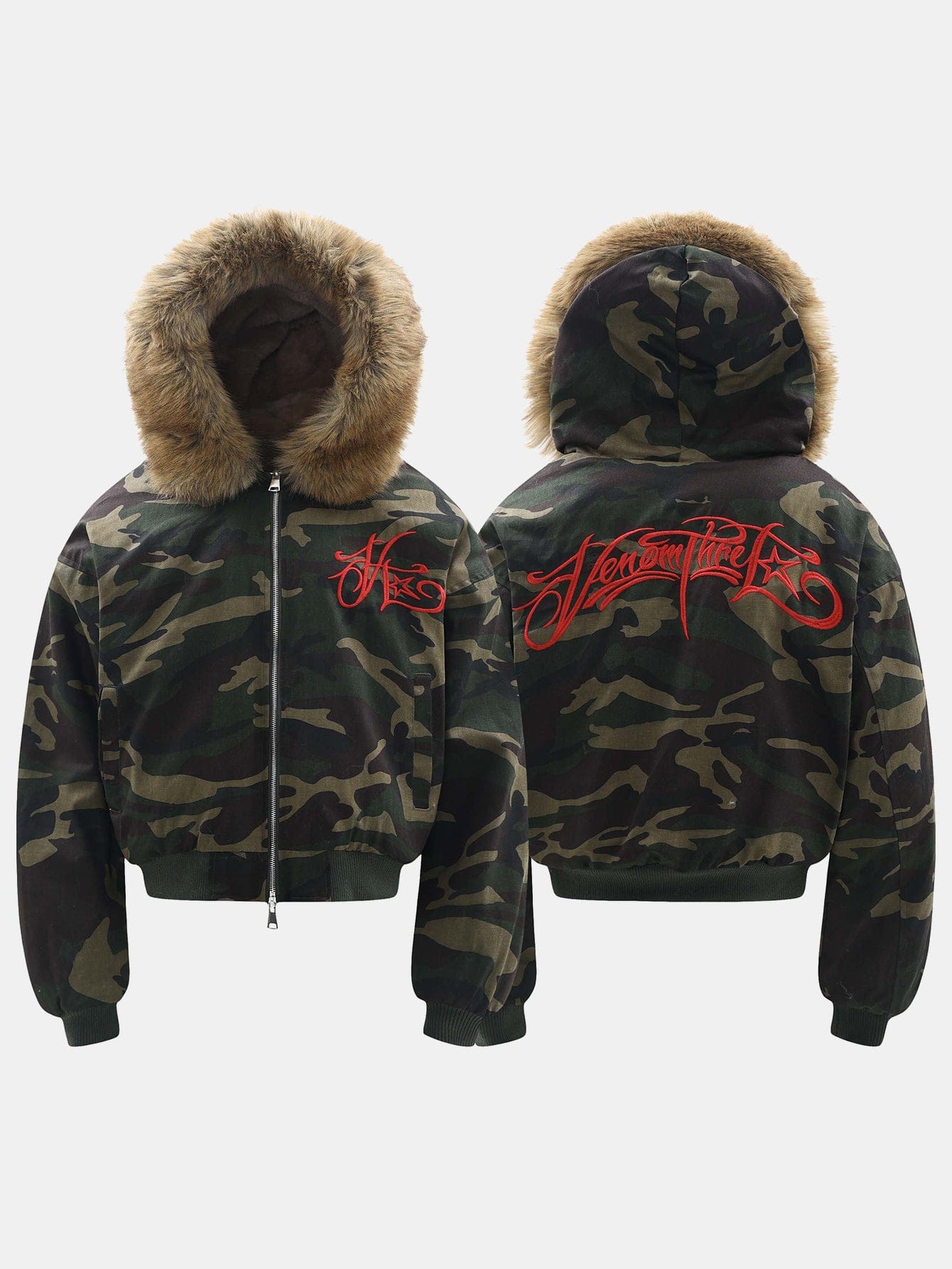 Velira Coats & Jackets Boxy kamufliažo dirbtinės odos apykaklė su gobtuvu