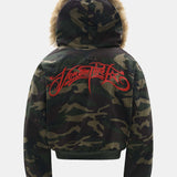 Velira Coats & Jackets Boxy kamufliažo dirbtinės odos apykaklė su gobtuvu