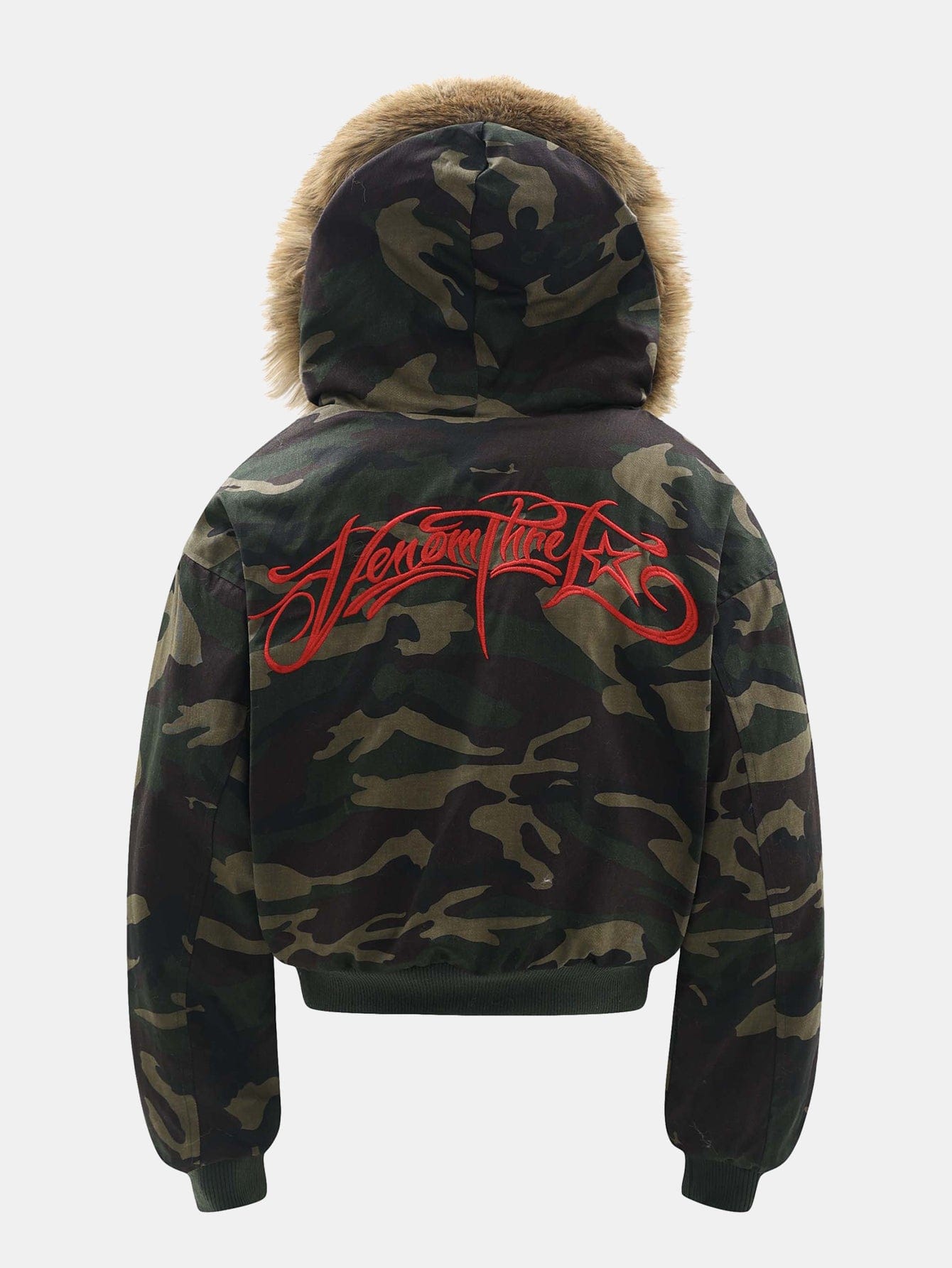 Velira Coats & Jackets Boxy kamufliažo dirbtinės odos apykaklė su gobtuvu
