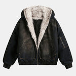 Velira Coats & Jackets juoda / S Boxy dirbtinio kailio apykaklė plaunamo džinsinio audinio striukė su gobtuvu