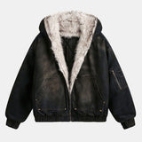 Velira Coats & Jackets juoda / S Boxy dirbtinio kailio apykaklė plaunamo džinsinio audinio striukė su gobtuvu