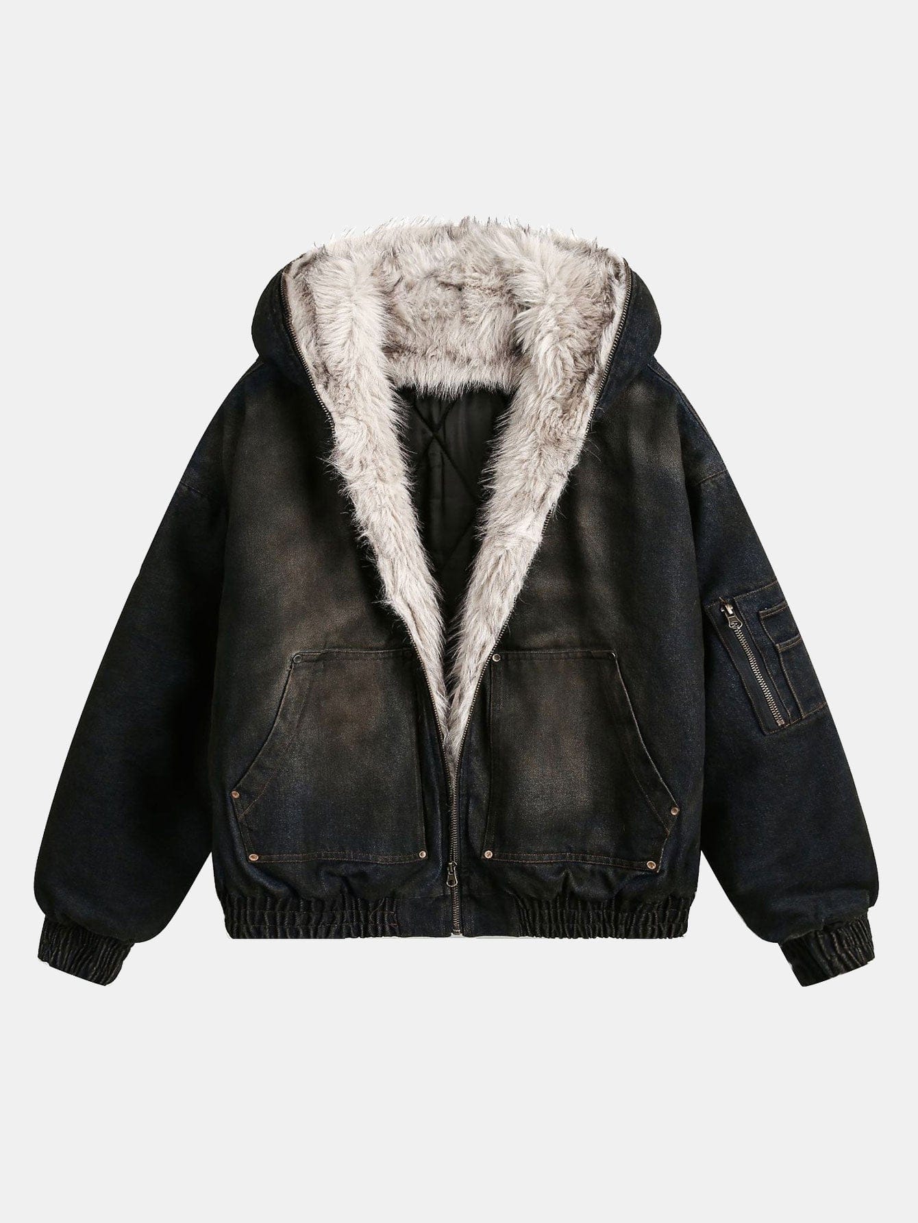 Velira Coats & Jackets juoda / S Boxy dirbtinio kailio apykaklė plaunamo džinsinio audinio striukė su gobtuvu