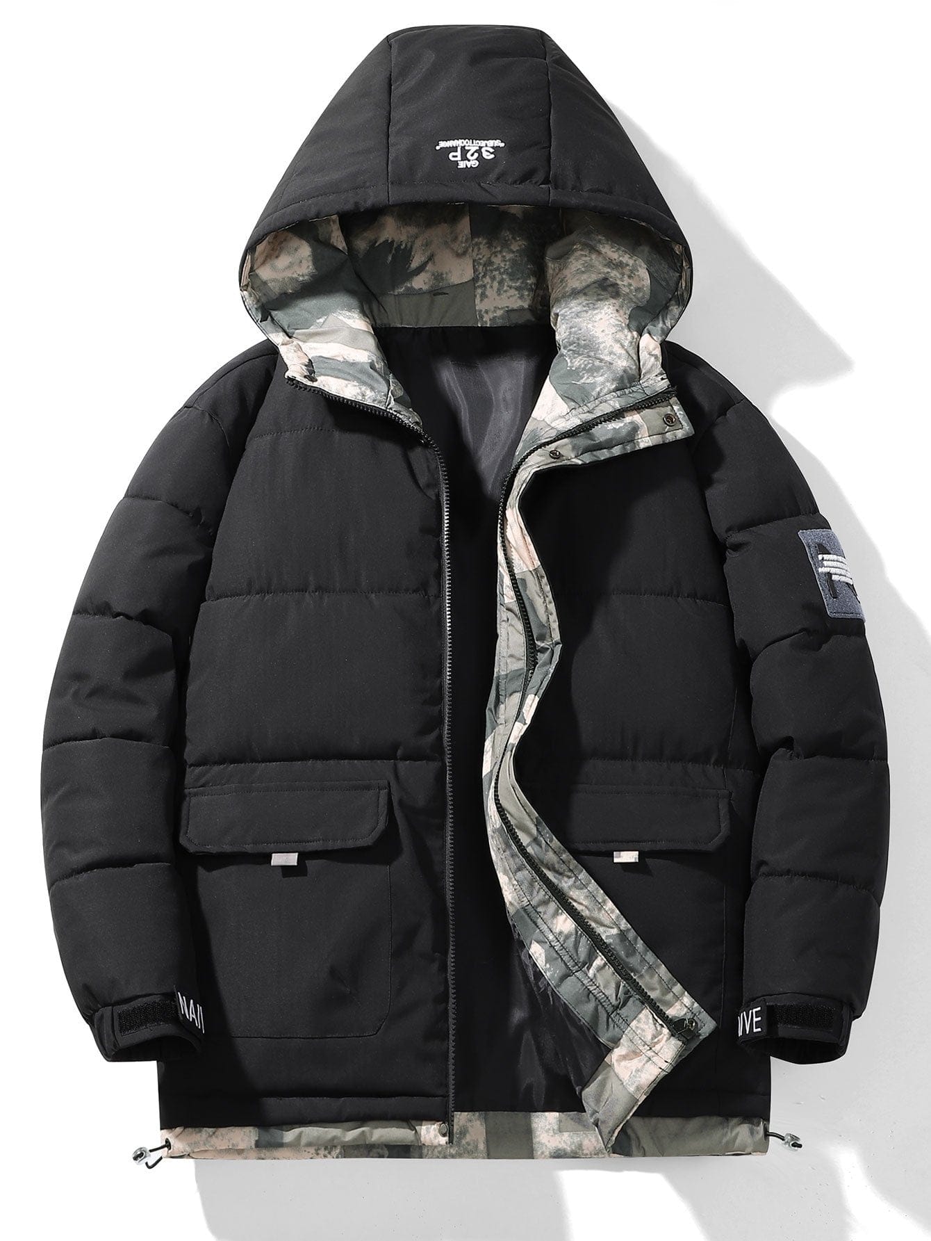 Velira Coats & Jackets juoda / S Kamufliažinis pamušalas kišenėse su gobtuvu pūkinis paltas