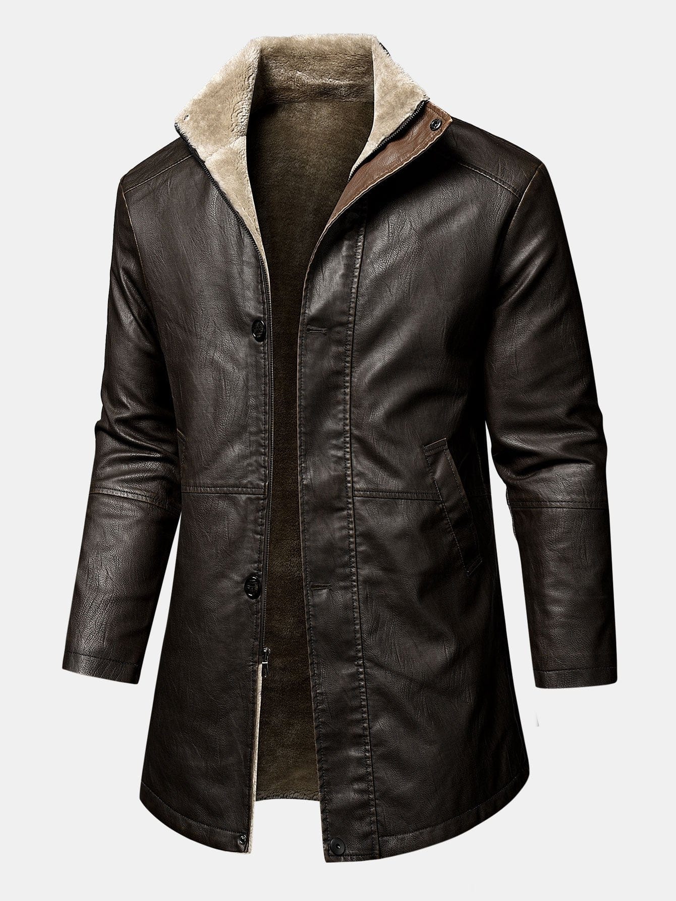 Velira Coats & Jackets kava / S Ilgas dirbtinio kailio PU odos paltas