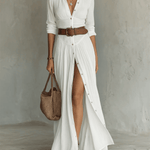 Velira DRESSES Balta / XS Lino Maxikleid Reverskragen Ilgomis Rankovėmis
