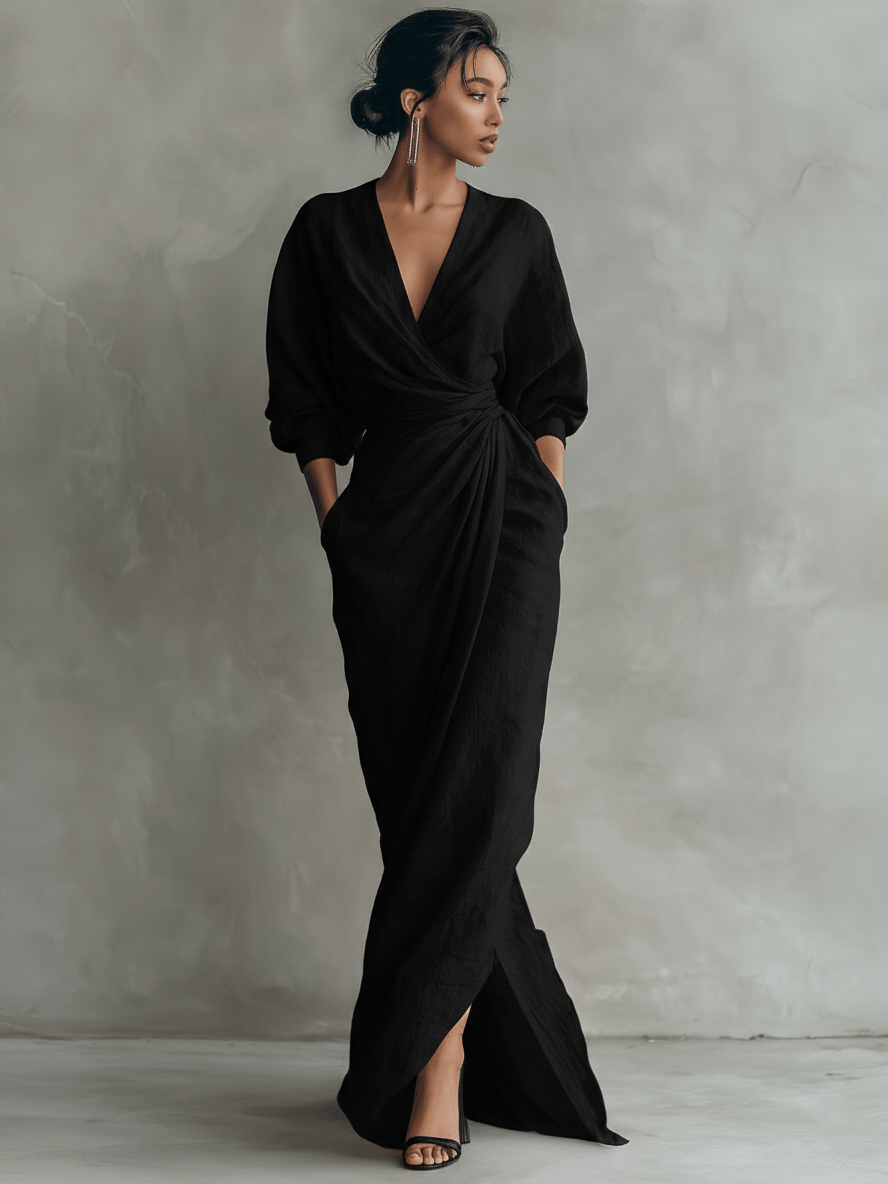 Velira DRESSES Juoda / S Rosa Lino Maxi Suknelė V-Kaklu