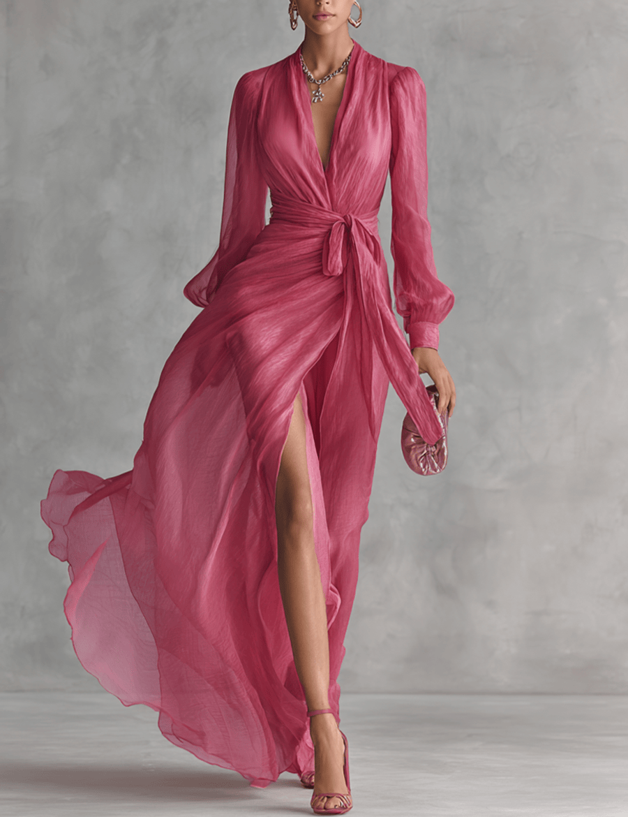 Velira DRESSES Rožinė / XS Rožinė Chiffon Suknelė V-Kaklu