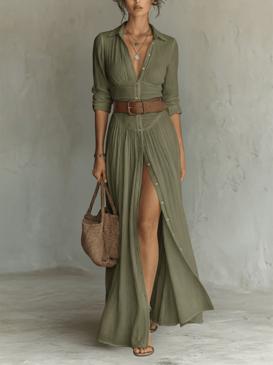Velira DRESSES Žalia / XS Lino Maxikleid Reverskragen Ilgomis Rankovėmis