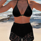 Velira Juoda / XS Sofía™ | Elegantiškas lygus nėrinių bikinis