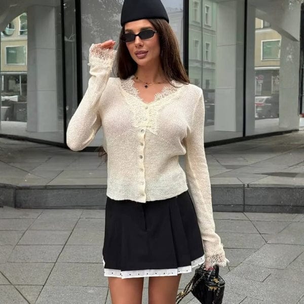 Velira Knitwear & Tops Balta / Vienas dydis Paryžiaus nėriniuotas, raštuotas kardiganas