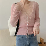 Velira Knitwear & Tops Rožinė / Vienas dydis Paryžiaus nėriniuotas, raštuotas kardiganas