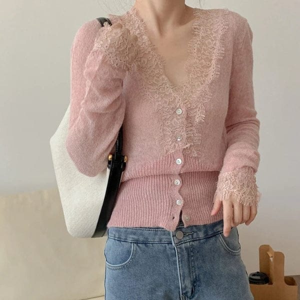 Velira Knitwear & Tops Rožinė / Vienas dydis Paryžiaus nėriniuotas, raštuotas kardiganas