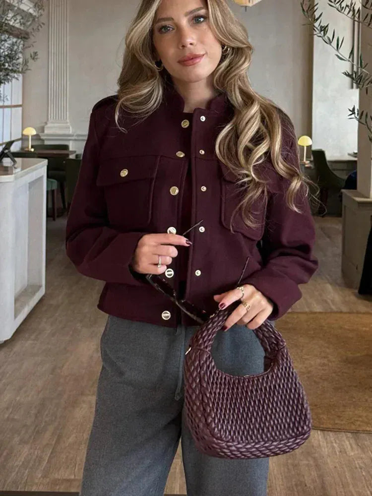 Velira Lilly | Burgundy Cropped Jacket with Gold Buttons Lilly | Bordo trumpa striukė su auksiniais mygtukais
