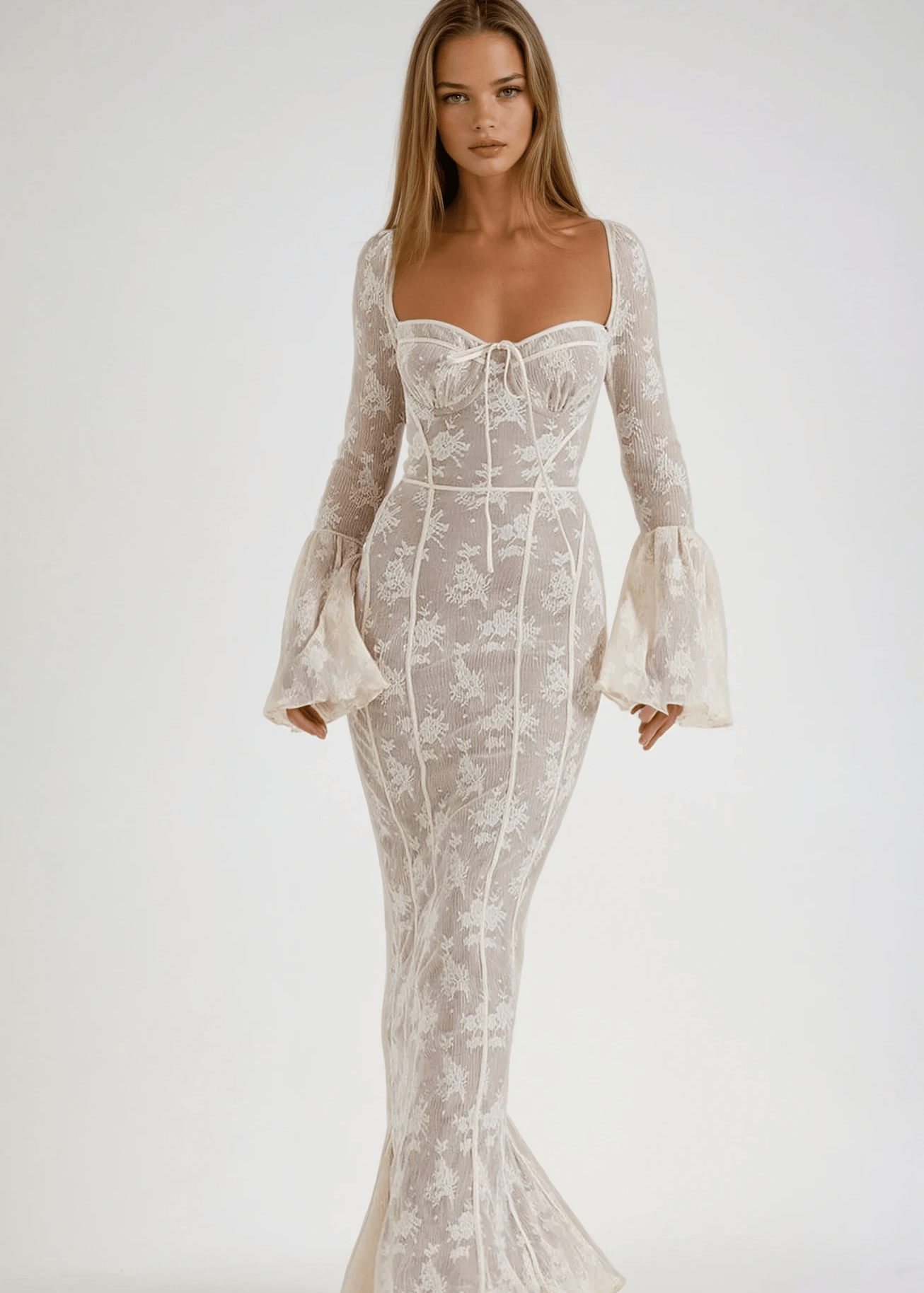 Velira Maxi Dress Balta / S Nėrinių Vasaros Nakties Maxi Suknelė su Korsetu