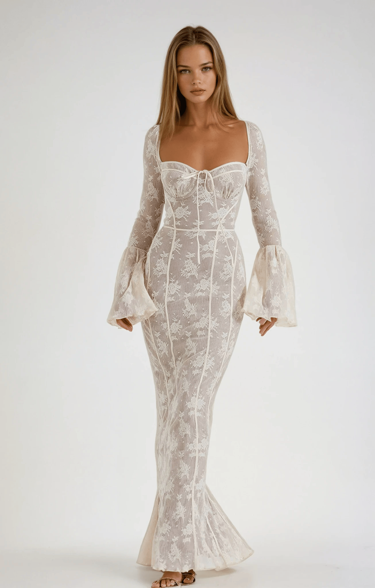 Velira Maxi Dress Balta / S Nėrinių Vasaros Nakties Maxi Suknelė su Korsetu
