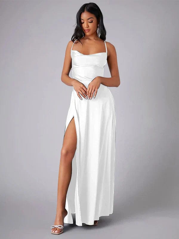 Velira Maxi Dress Balta / S Suknelė su spaghetti petnešėlėmis, ilga, vakarui, su aukštu įpjovimu