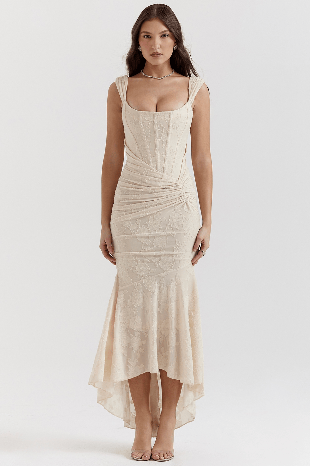 Velira Maxi Dress Balta / XS Nėriniuotas Korsetas Maxi Suknelė