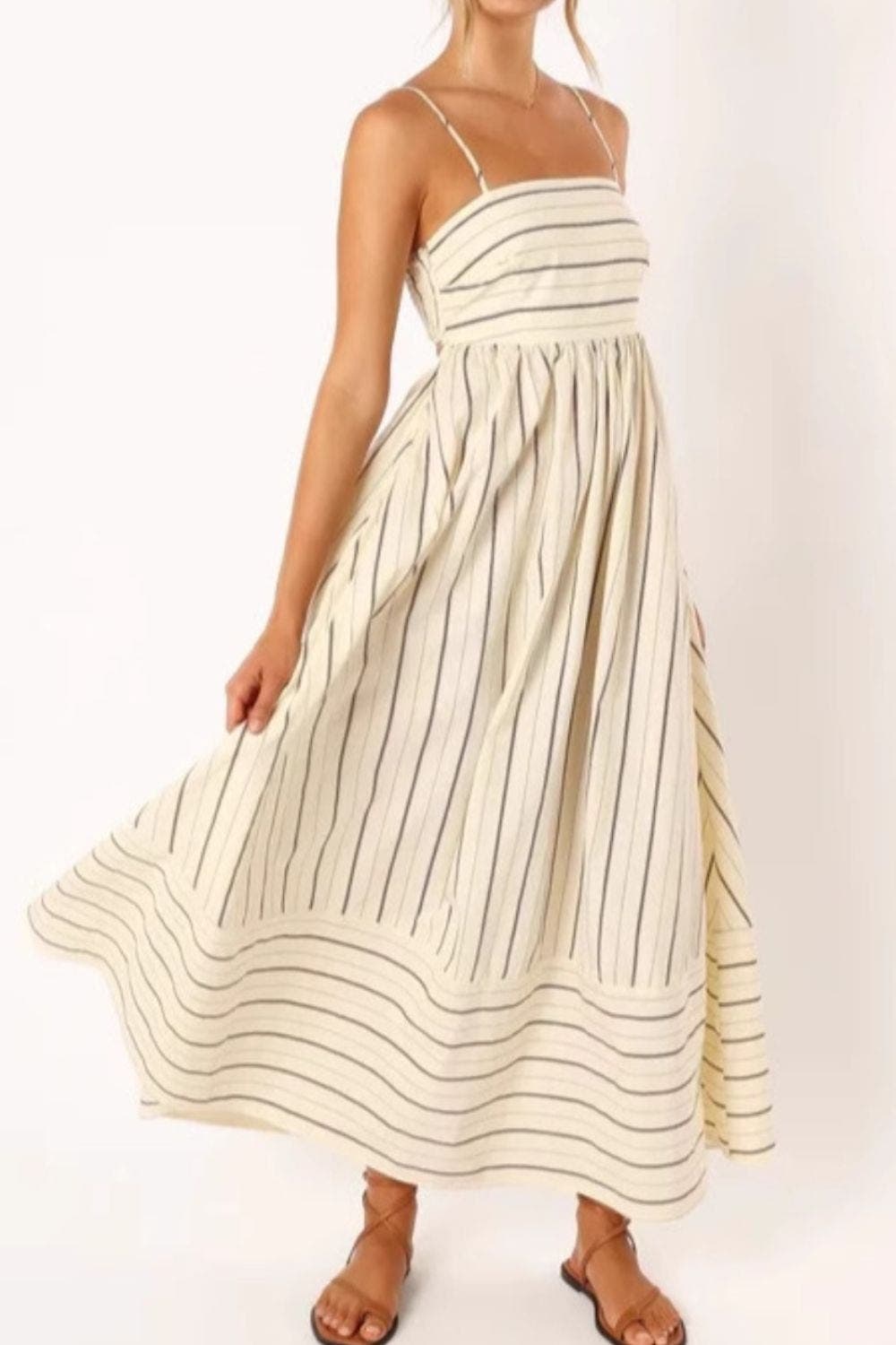 Velira Maxi Dress Bežinė / S Juostuota diržinė vasaros paplūdimio maksi suknelė