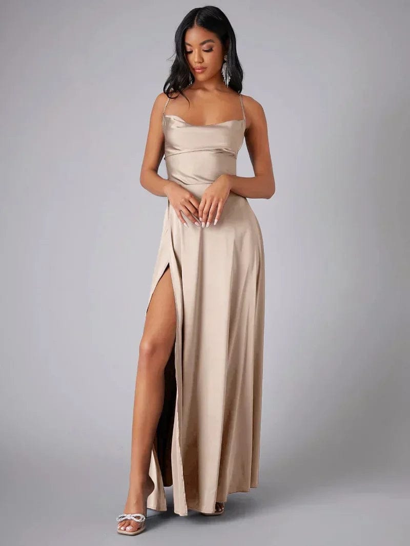 Velira Maxi Dress Bežinė / S Suknelė su spaghetti petnešėlėmis, ilga, vakarui, su aukštu įpjovimu
