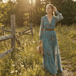 Velira Maxi Dress Bohemiškas gėlių rašto maksi suknelė su ilgomis rankovėmis