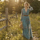 Velira Maxi Dress Bohemiškas gėlių rašto maksi suknelė su ilgomis rankovėmis