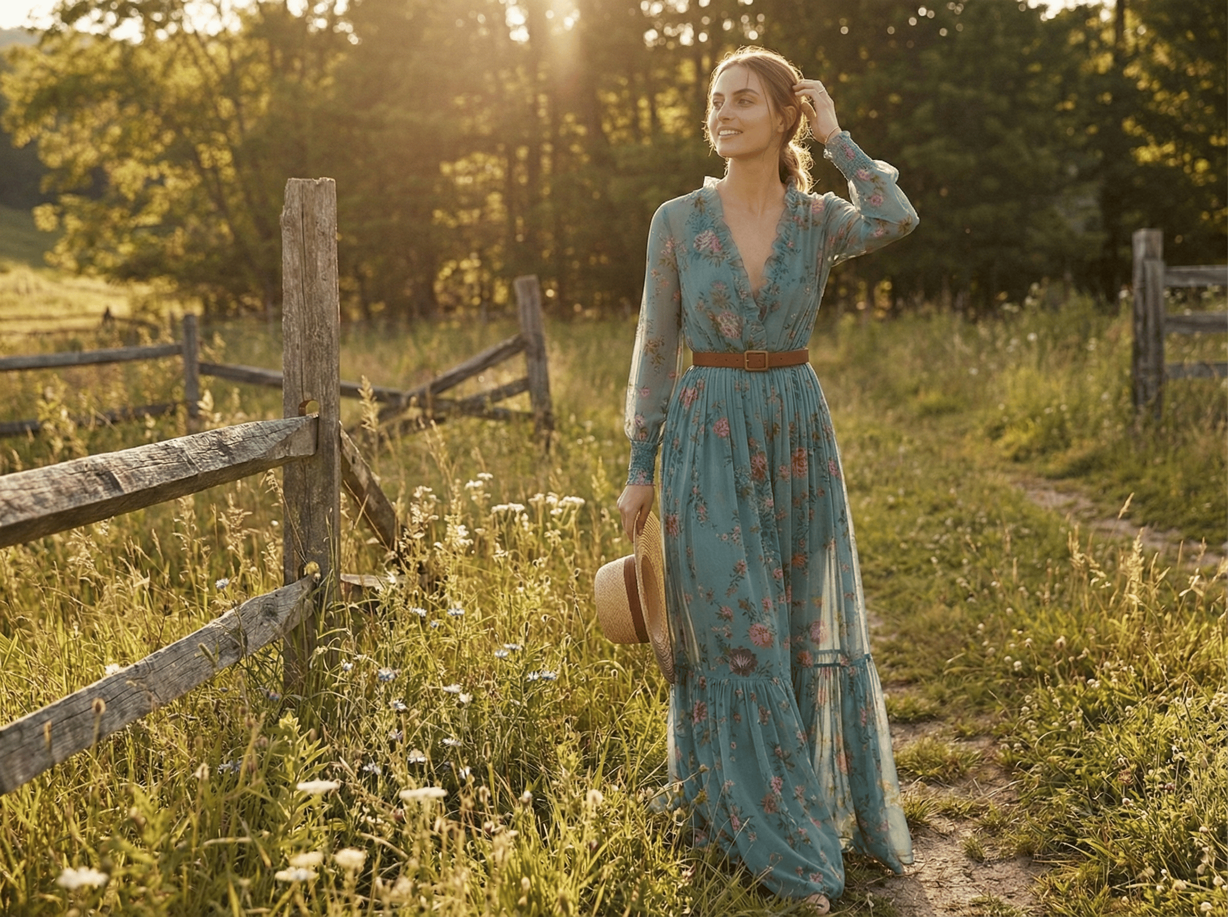 Velira Maxi Dress Bohemiškas gėlių rašto maksi suknelė su ilgomis rankovėmis