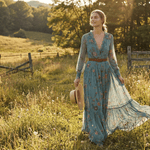 Velira Maxi Dress Bohemiškas gėlių rašto maksi suknelė su ilgomis rankovėmis