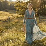 Velira Maxi Dress Bohemiškas gėlių rašto maksi suknelė su ilgomis rankovėmis