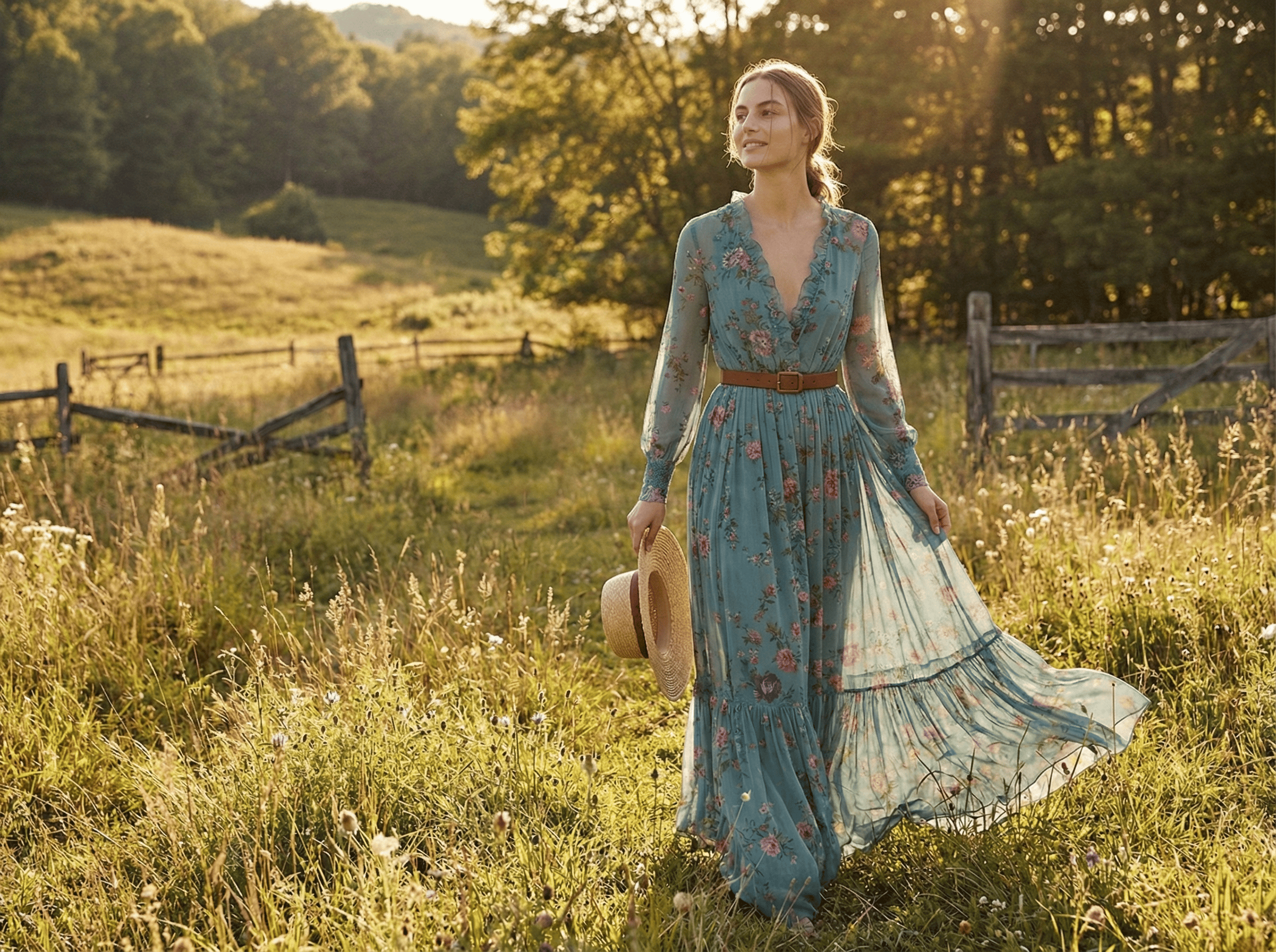 Velira Maxi Dress Bohemiškas gėlių rašto maksi suknelė su ilgomis rankovėmis