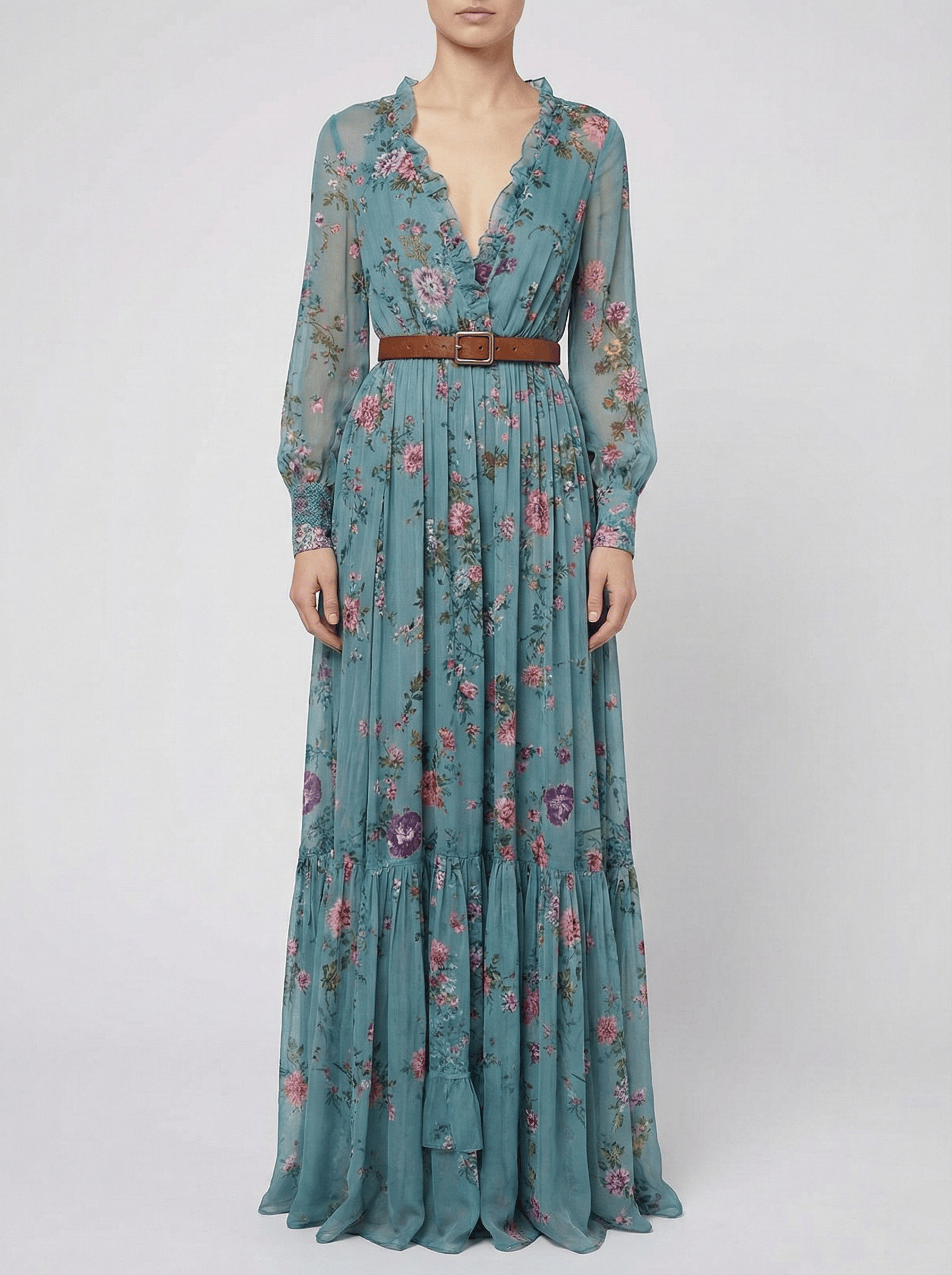Velira Maxi Dress Bohemiškas gėlių rašto maksi suknelė su ilgomis rankovėmis