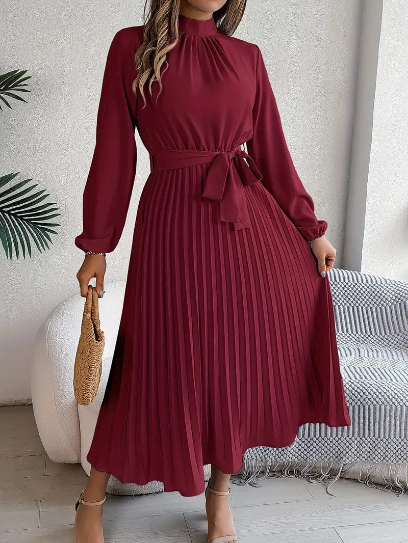 Velira Maxi Dress Bordo / S Plisuota Midi Suknelė su Diržu