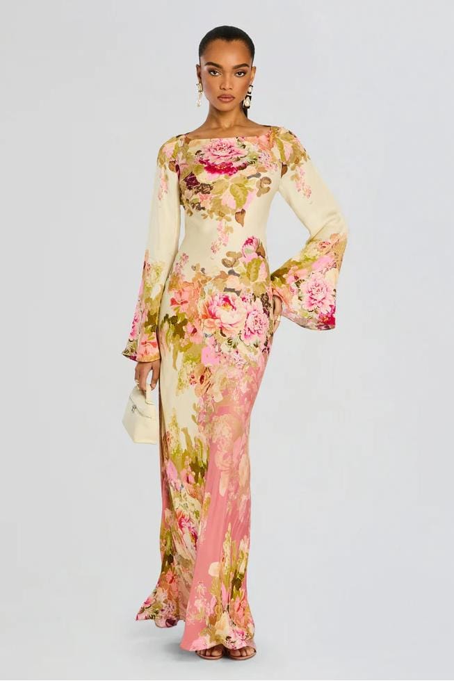 Velira Maxi Dress Gėlių varpo rankovėmis vakarinė suknelė